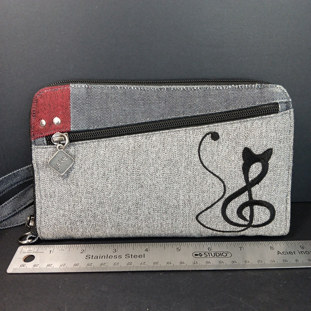 Jak's ACC-146 Womens Wallet Gray Crossbody Embroidered Sole Clef Very Good X - Picture 2 of 11